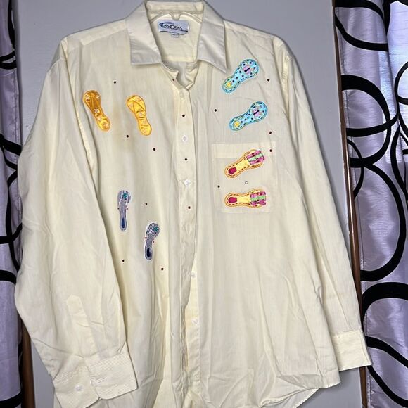 90s vintage Las Olas Sequin Embroidered flip-flop button-down long sleeve shirt - Picture 3 of 10